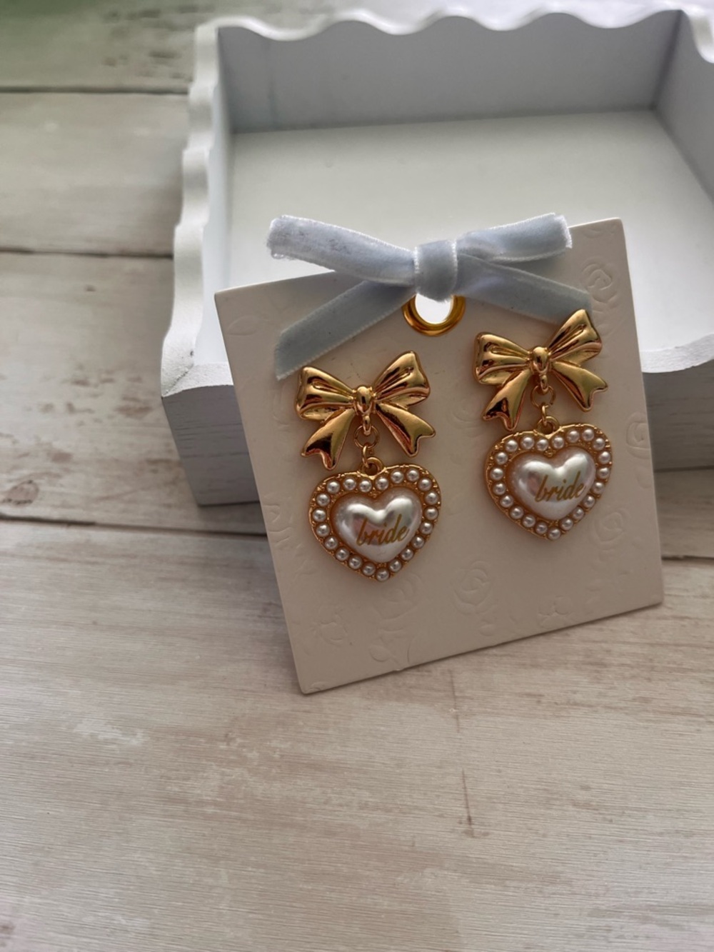 Francesca's Collections Gold and White 'Bride' Bow Heart Drop Earrings